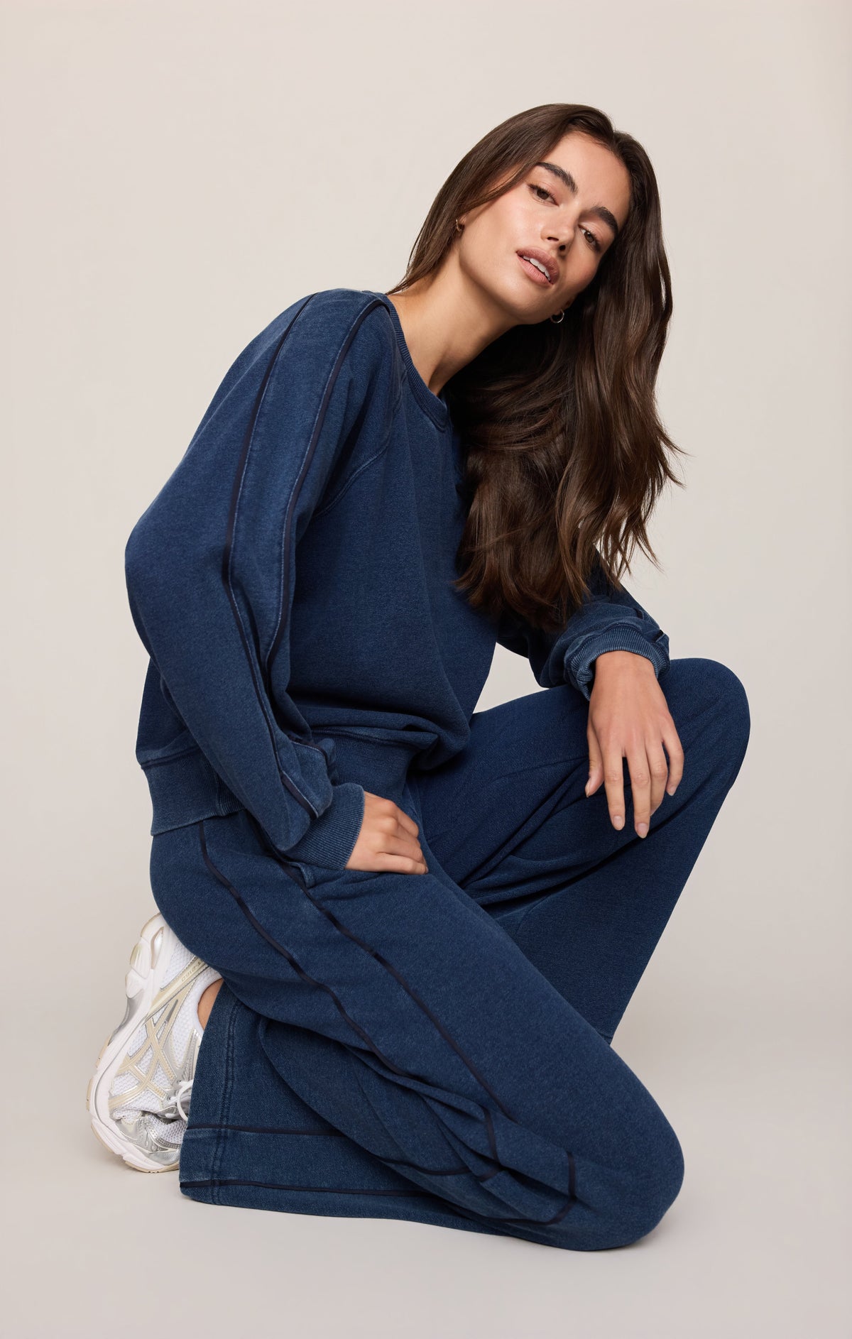 Sport Stripe Boyfriend Knit Denim Sweatshirt