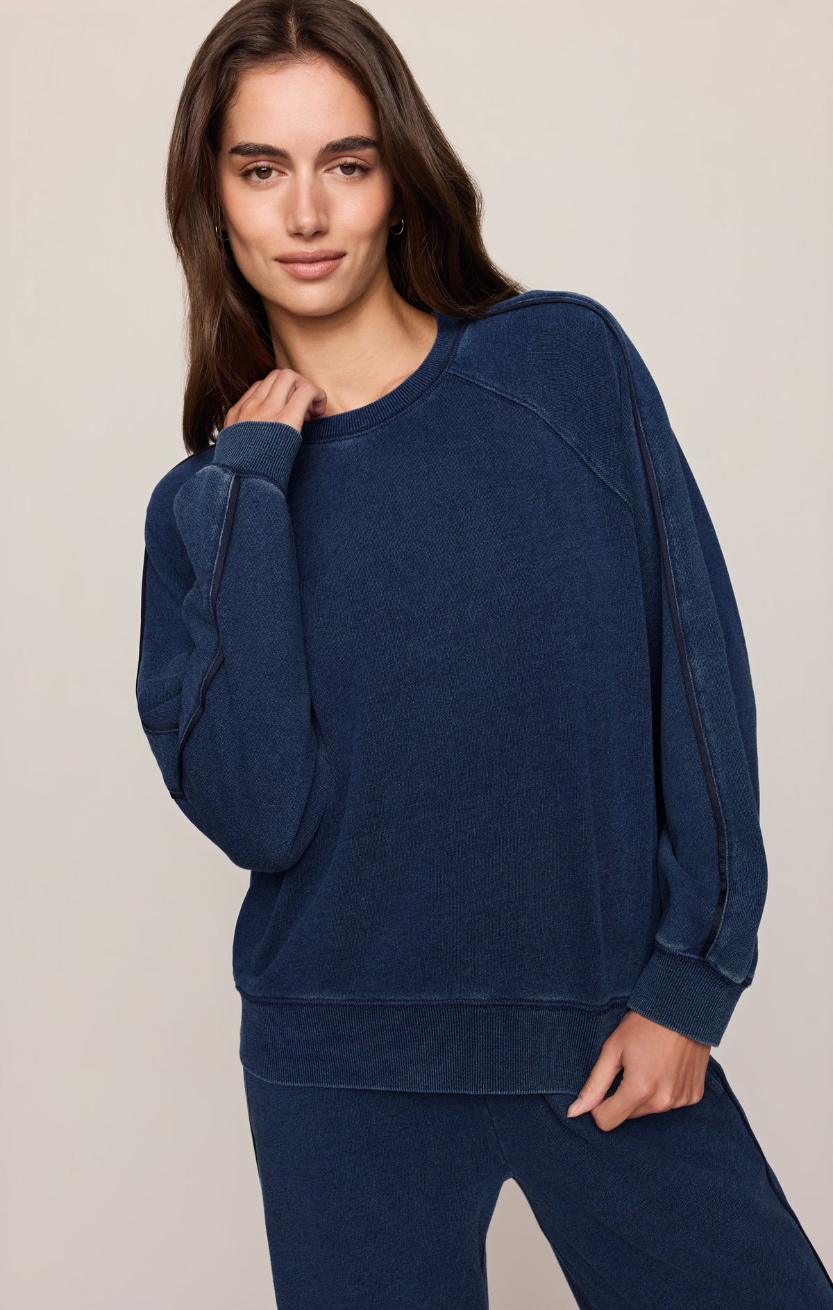 Sport Stripe Boyfriend Knit Denim Sweatshirt